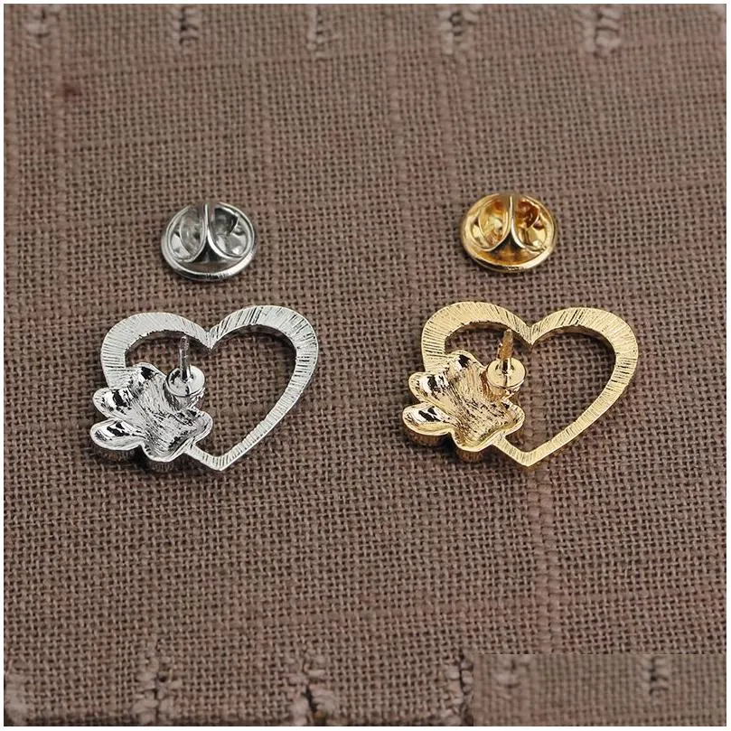 silver gold color love heart paw lapel pin pet paw print and pet memorial pins jewelry dog cat lover gifts