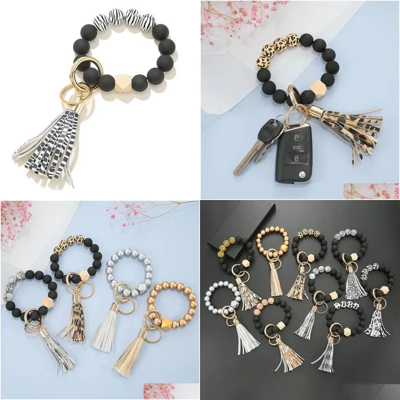 black frosted wooden bead bracelet keychain fashion pattern tassel pendant bracelets women girl key ring wrist strap