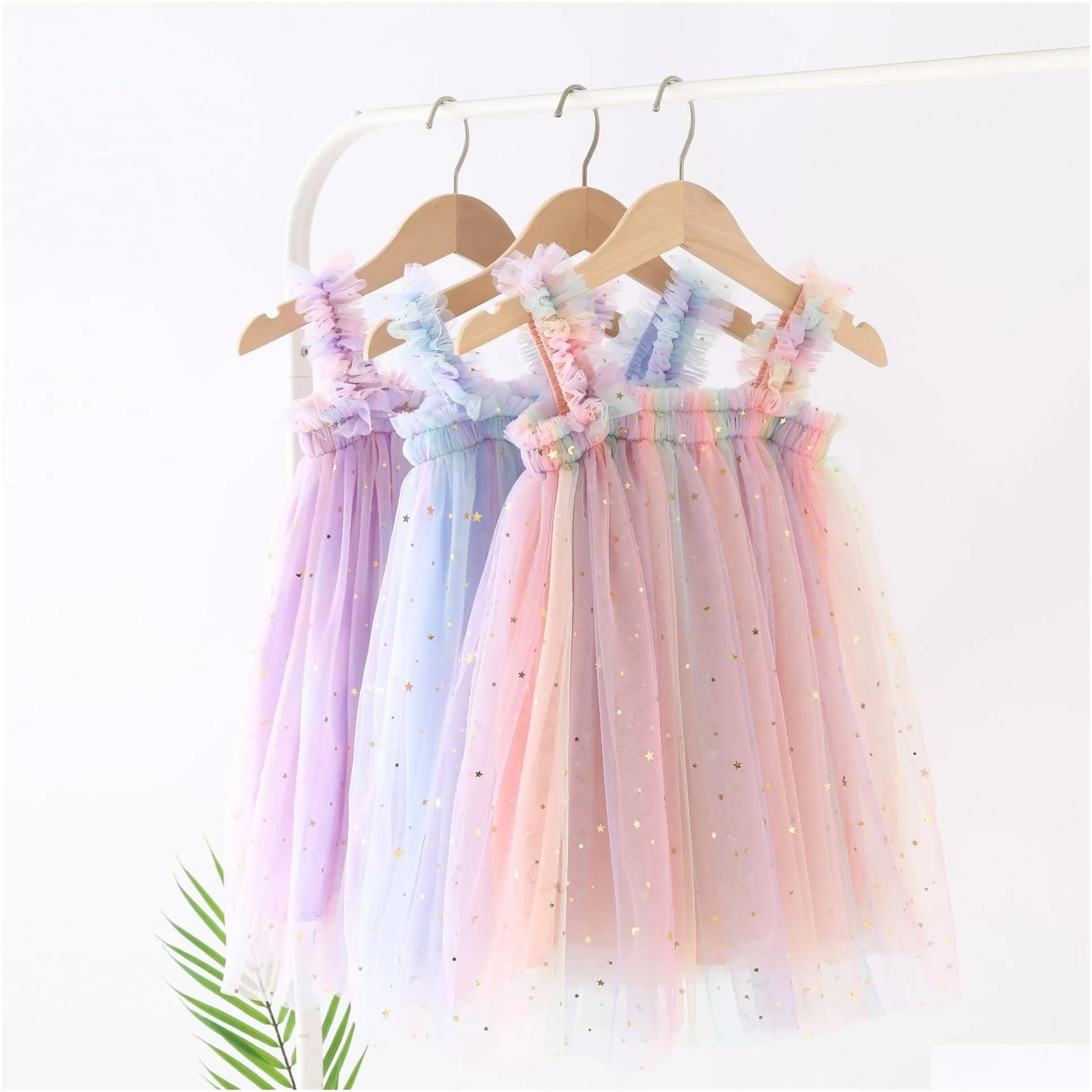 ins summer girl clothing colorful mesh dress kids sleeveless suspender elegant dress