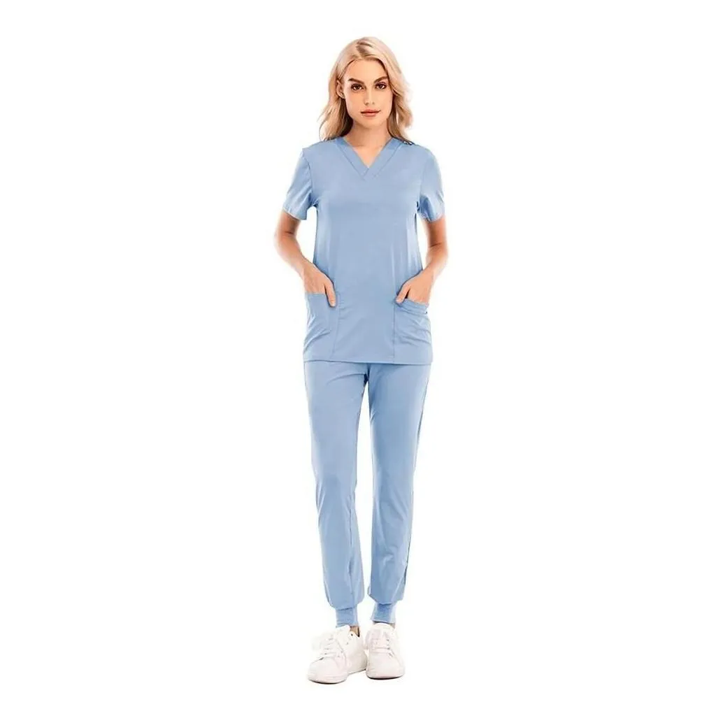 Womens Two Piece Solid Color Spa Threaded Clinic Work Suits Tops Uni Scrub Pet Nursing Uniform D Dhxrq