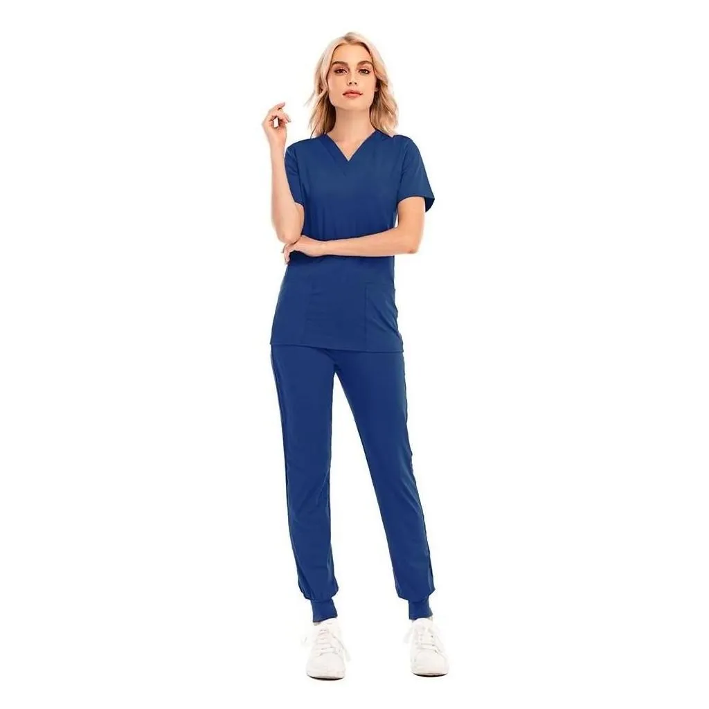 Womens Two Piece Solid Color Spa Threaded Clinic Work Suits Tops Uni Scrub Pet Nursing Uniform D Dhxrq