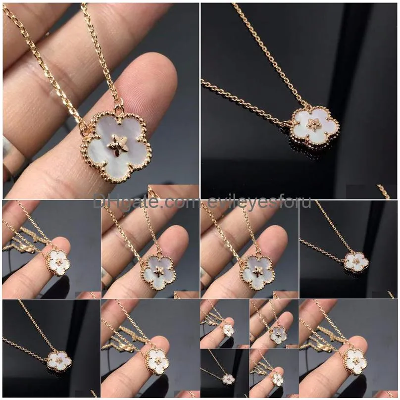 luxury plum blossom designer girls white flower pendant choke necklace elegant women love four leaf clover 18k rose gold pink  logo engrave chain fashion summer