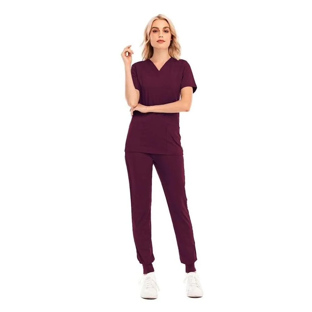 Womens Two Piece Solid Color Spa Threaded Clinic Work Suits Tops Uni Scrub Pet Nursing Uniform D Dhxrq