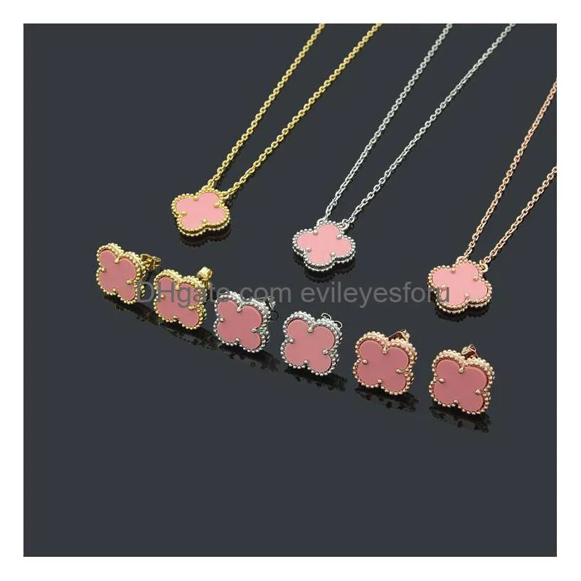 15mm luxury logo engrave flower pink shell pendant necklace earrings four leaf clover 18k gold rose silver 316l stainless steel love jewelry set women girl 45cm 