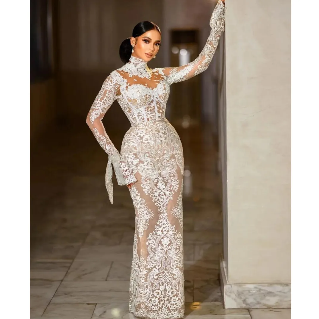 Modest High Neck Mermaid Wedding Dresses Illusion Long Sleeve Lace Appliqued Aso Ebi Arabic Bridal Gown Vestidos de novia