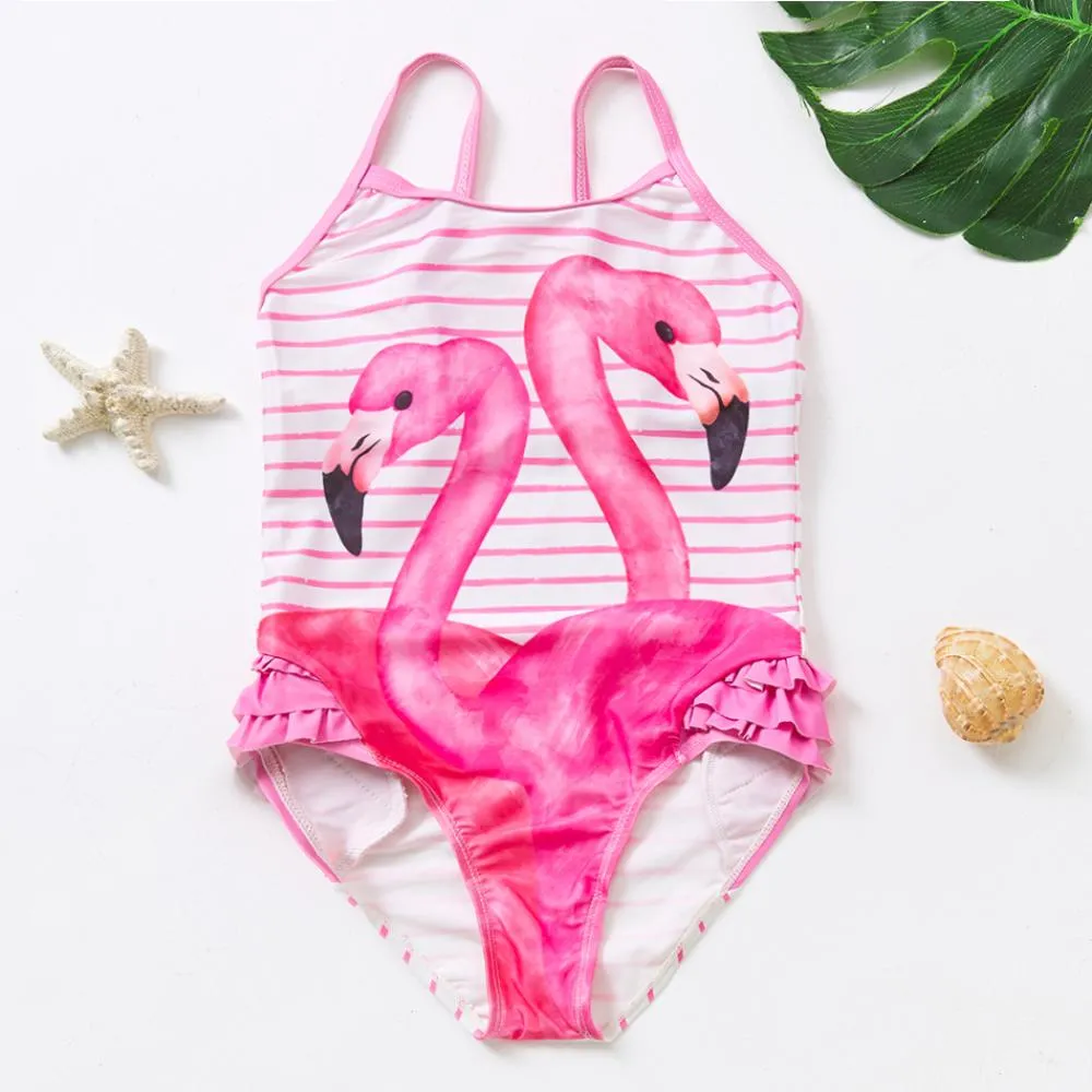 2021 Flamingo Girls Swimsuit 2-6 Years Infant Girls Swimwear One Piece Striped Flamingo Bathing Suit For Little Girl