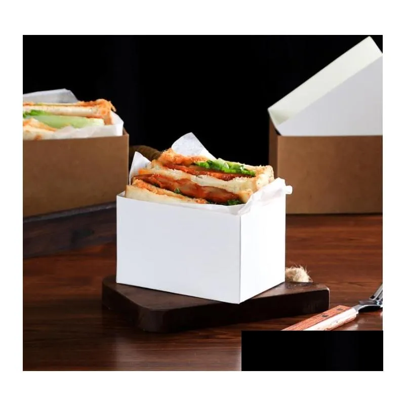 wholesale Kraft Paper Sandwiches Wrapping Box Thick Egg Toast Bread Breakfast Packaging Boxes Burger Teatime Tray SN4474