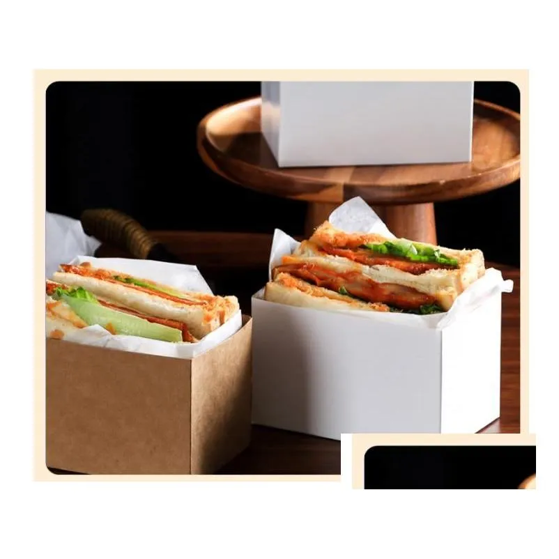 wholesale Kraft Paper Sandwiches Wrapping Box Thick Egg Toast Bread Breakfast Packaging Boxes Burger Teatime Tray SN4474