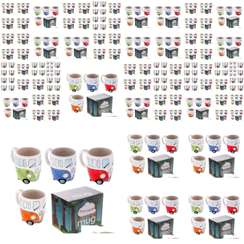 Mugs Ceramic Camper Cup 300Ml Wine Hand Painting Cartoon Bus Water Classical Drinkware 4 Colors Drop Delivery Home Garden Kitchen Din