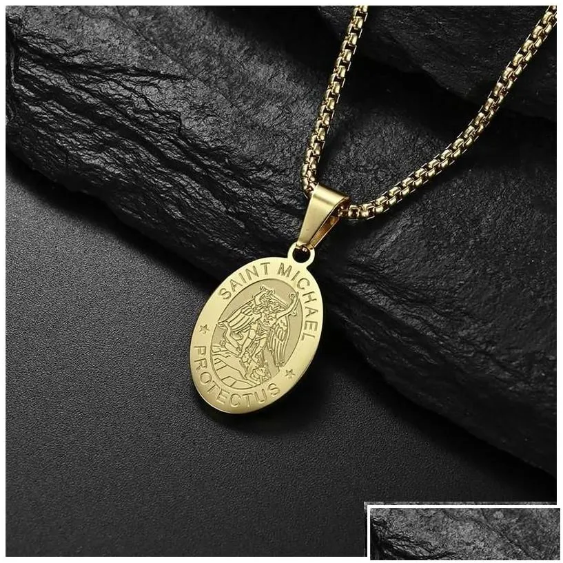 pendant necklaces 2022 religion st. michael medallion necklace for male stainless steel geometric collar hombre drop delivery jewelr