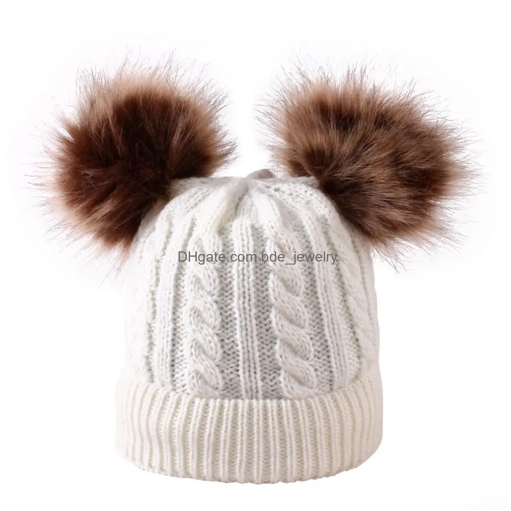 baby knit cap double hair ball pompom beans twisted hook cap 5 color winter warm baby kid boy boy girl cap m825