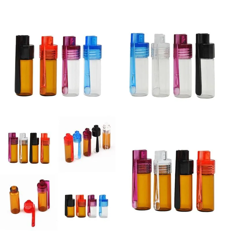 wholesale colorful 36mm 51mm travel size acrylic plastic bottle snuff snorter dispenser glass pill case vial container box with spoon