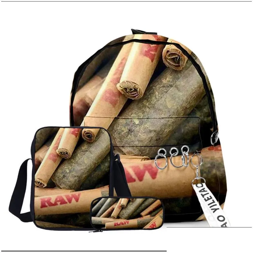 3pcs/set 3d Backwoods Cigar Backpacks Backwood Print Red Smell Proof Unisex Sports Hiking Travel Bag For Boys Purple Teenager Knapsac