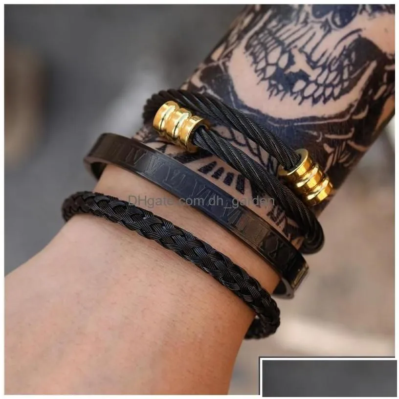 charm bracelets 3pcs/set roman numeral mens stainless steel rope buckle open bangles gold pseira bileklik bracelet jewelry dr dhgarden