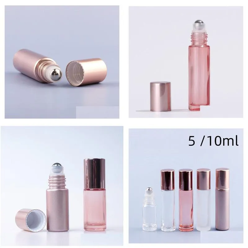wholesale 5 10ml mini roll on roller bottle fragrance glass bottles rose gold  steel metal roller ball perfume container
