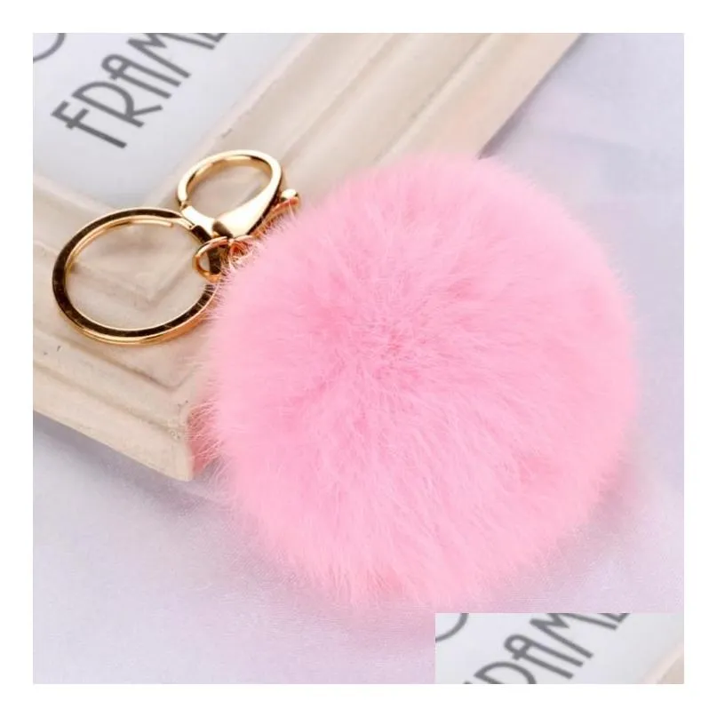 500pcs Rabbit Fur Ball Keychain 8cm Soft Lovely Gold Metal Key Chains Ball Pom Poms Plush Keychains Car Keyring Bag Rings Gift DHL