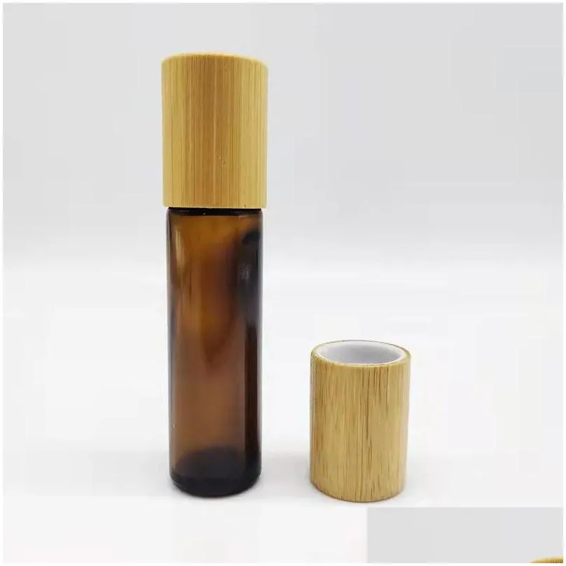 wholesale 10ml glass  oil bottles clear amber roll on oils bottle bamboo lid stainless steel roller ball