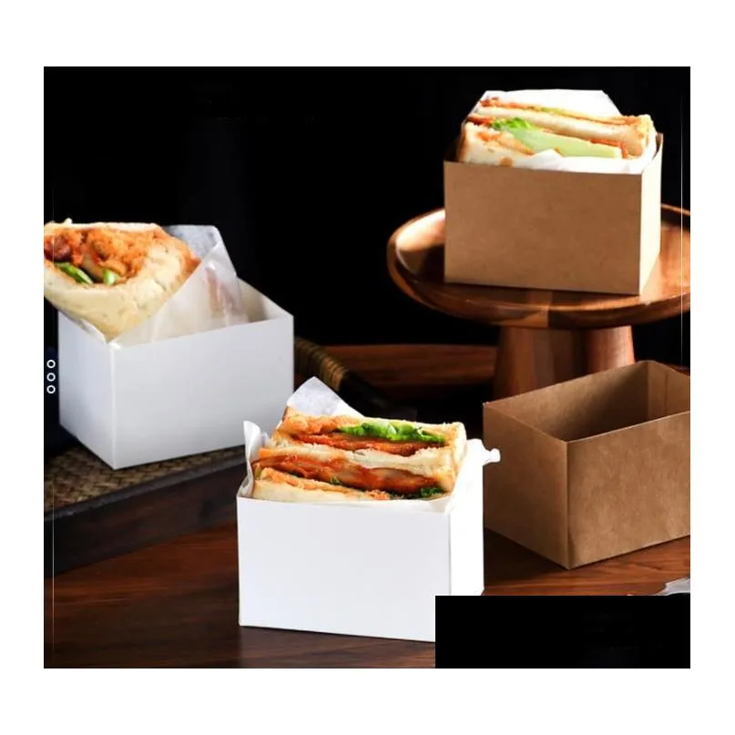 wholesale Kraft Paper Sandwiches Wrapping Box Thick Egg Toast Bread Breakfast Packaging Boxes Burger Teatime Tray SN4474