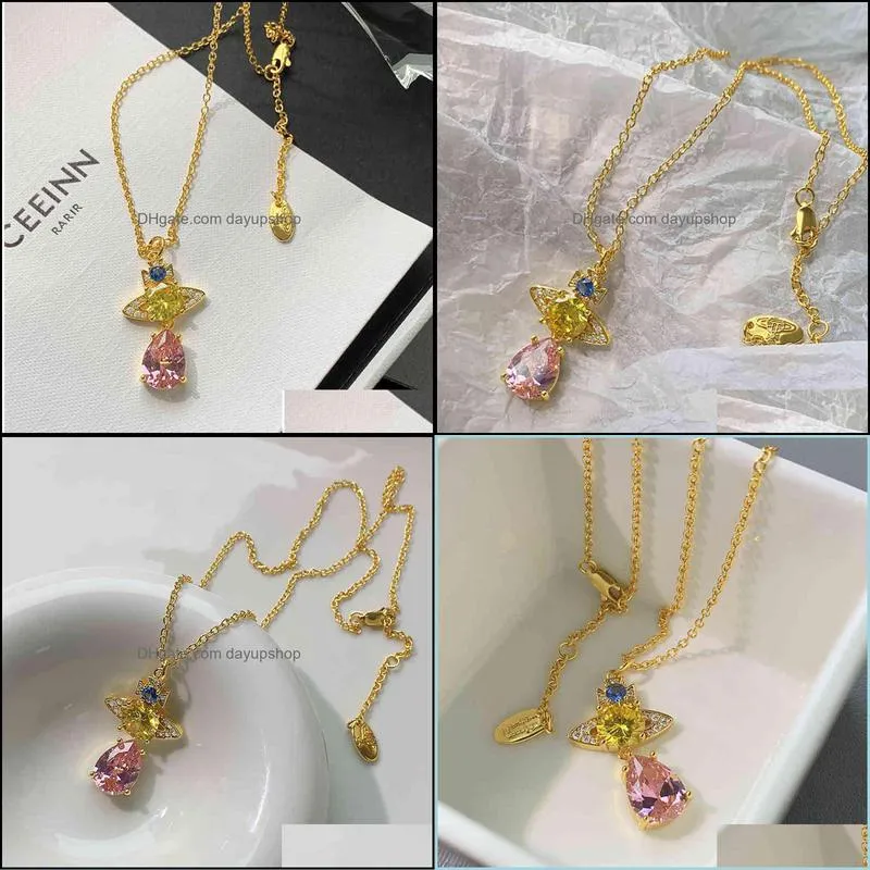 Vw designer necklace tide brand retro Saturn inlaid gemstone pendant necklace punk hip-hop chain accessories women`s fashion