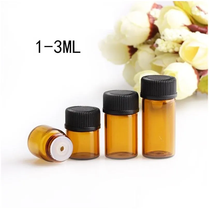 wholesale 2ml 1/4 dram amber glass essential oil bottle perfume sample tubes bottle with plug and caps 5/8 dram