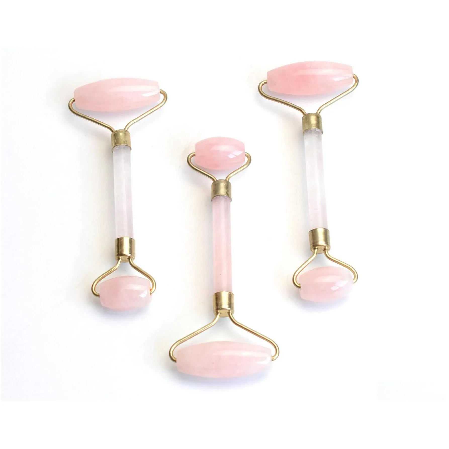 Natural Rolling Chakra Rose Quartz crafts Carving Reiki Crystal Healing Scraping Beauty Roller Facial Massage Stick Alloy Gold Plated