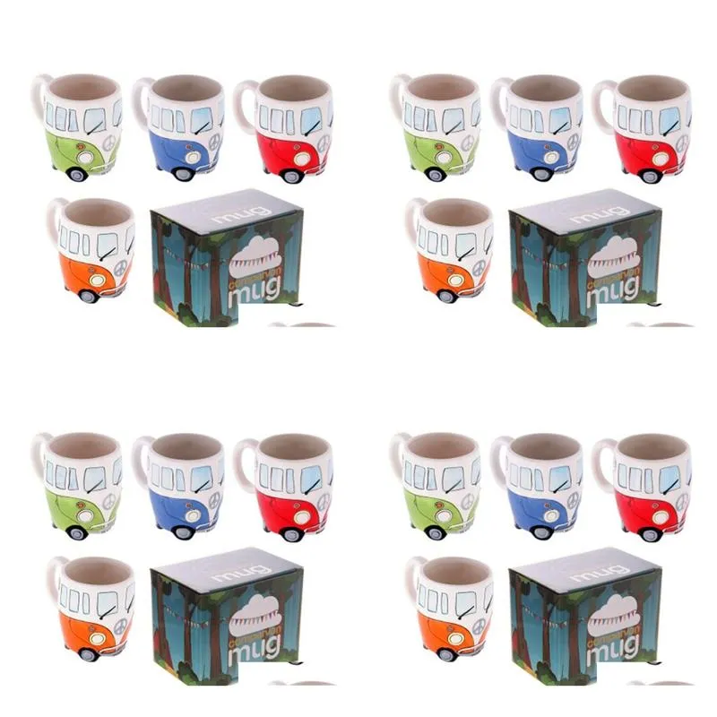 Mugs Ceramic Camper Cup 300Ml Wine Hand Painting Cartoon Bus Water Classical Drinkware 4 Colors Drop Delivery Home Garden Kitchen Din