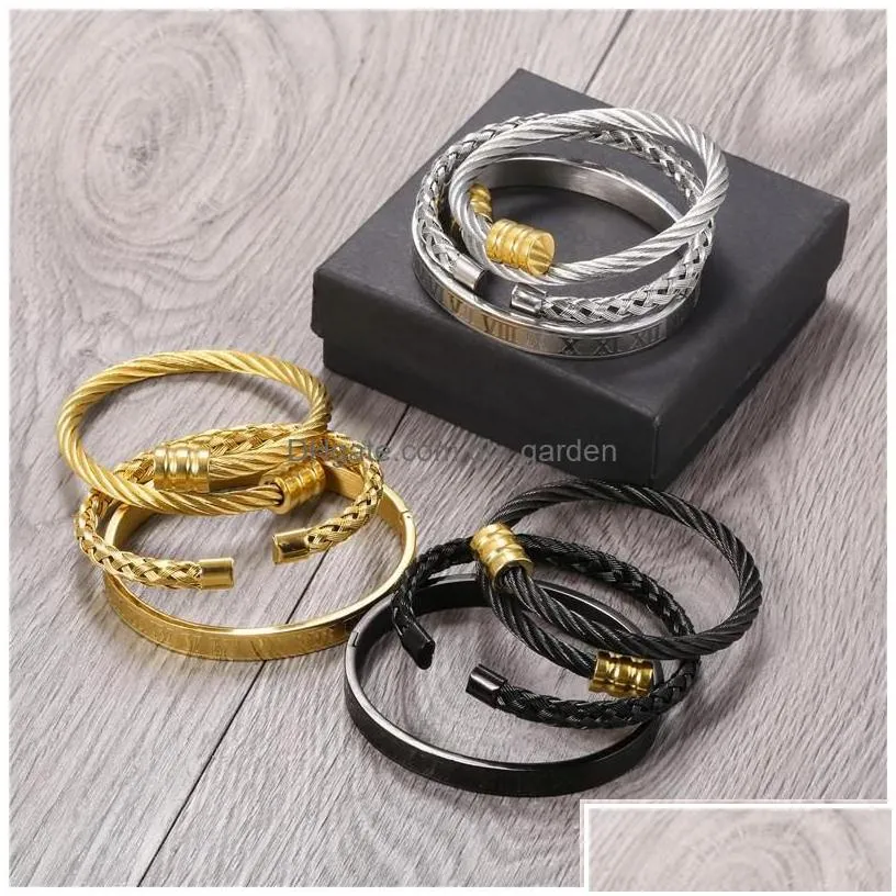 charm bracelets 3pcs/set roman numeral mens stainless steel rope buckle open bangles gold pseira bileklik bracelet jewelry dr dhgarden