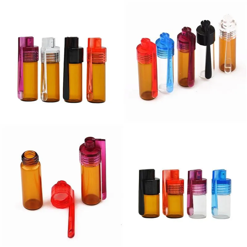 wholesale colorful 36mm 51mm travel size acrylic plastic bottle snuff snorter dispenser glass pill case vial container box with spoon