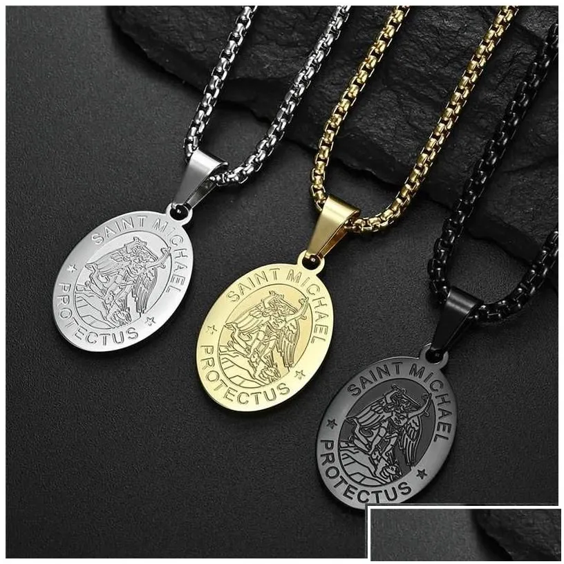 pendant necklaces 2022 religion st. michael medallion necklace for male stainless steel geometric collar hombre drop delivery jewelr
