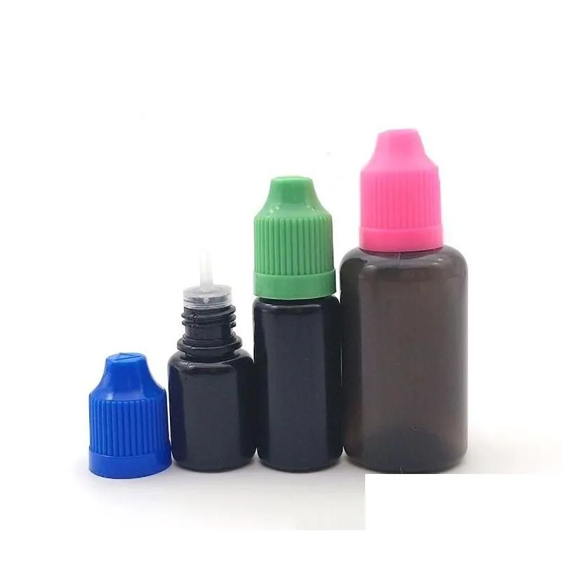 wholesale 10ml 30ml black dropper bottle plastic empty bottles with long and thin tips tamper proof childproof safety cap e liquid