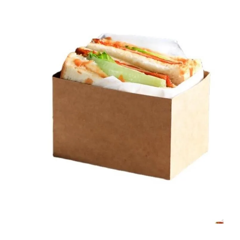 wholesale Kraft Paper Sandwiches Wrapping Box Thick Egg Toast Bread Breakfast Packaging Boxes Burger Teatime Tray SN4474