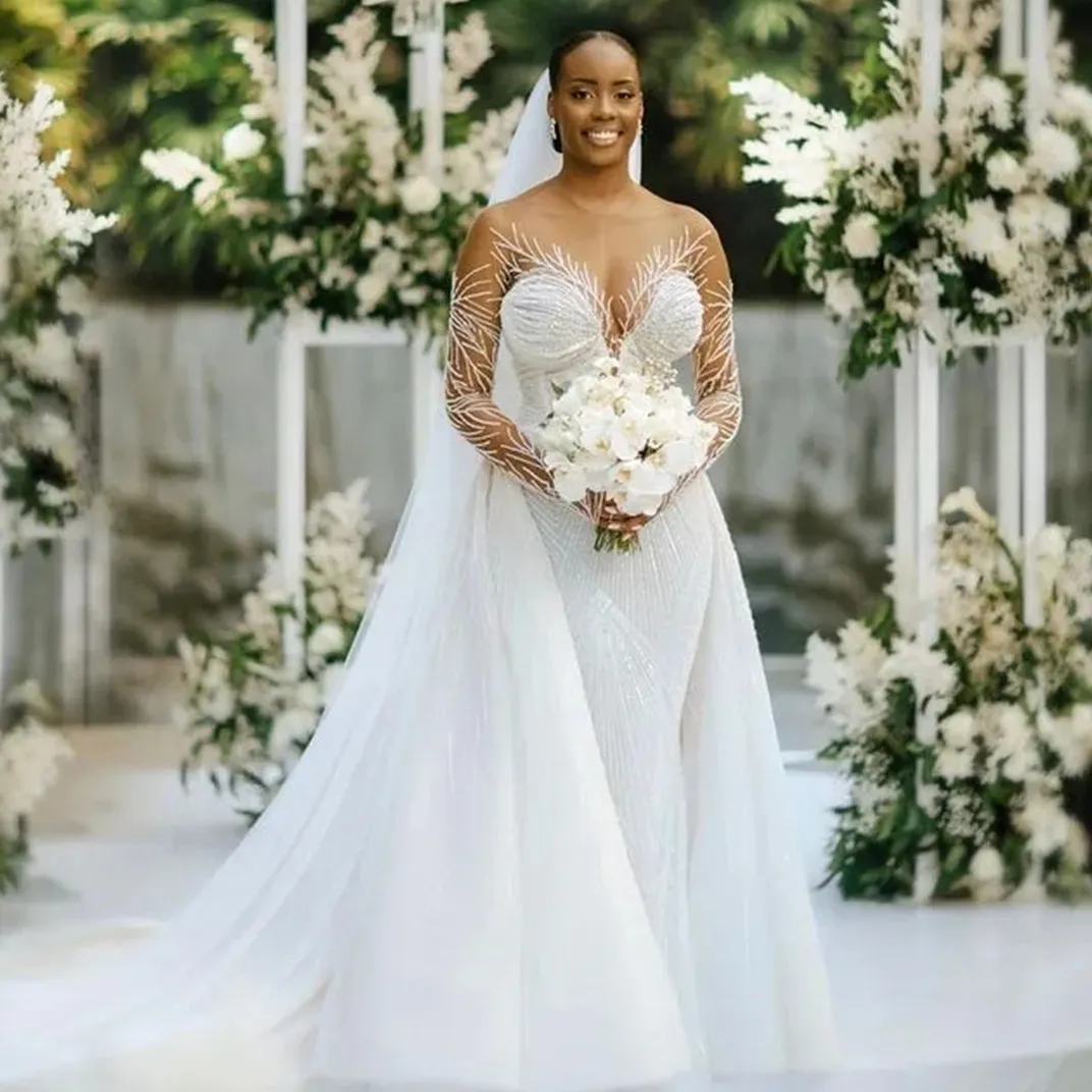 2023 Arabic Aso Ebi White Mermaid Wedding Dress Beaded Sequined Lace Sexy Stunning Bridal Gowns Dresses Vestido Custom Made