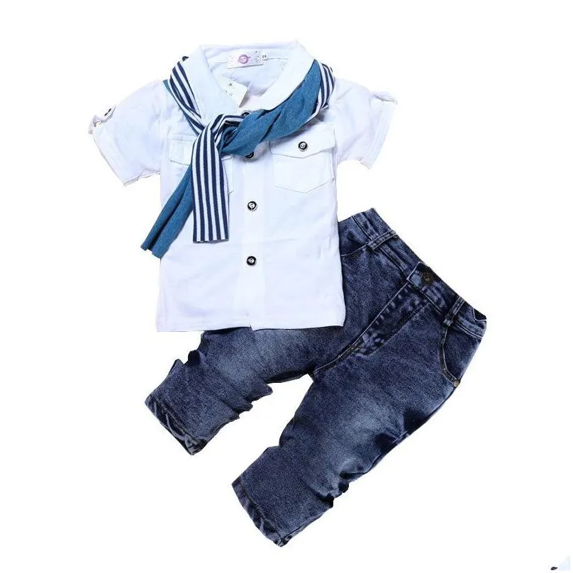 2-7 years kids clothes boys outfit summer childrens clothing boy sets cotton short sleeve o-neck topsaddjeansaddscarf baby costume 210326