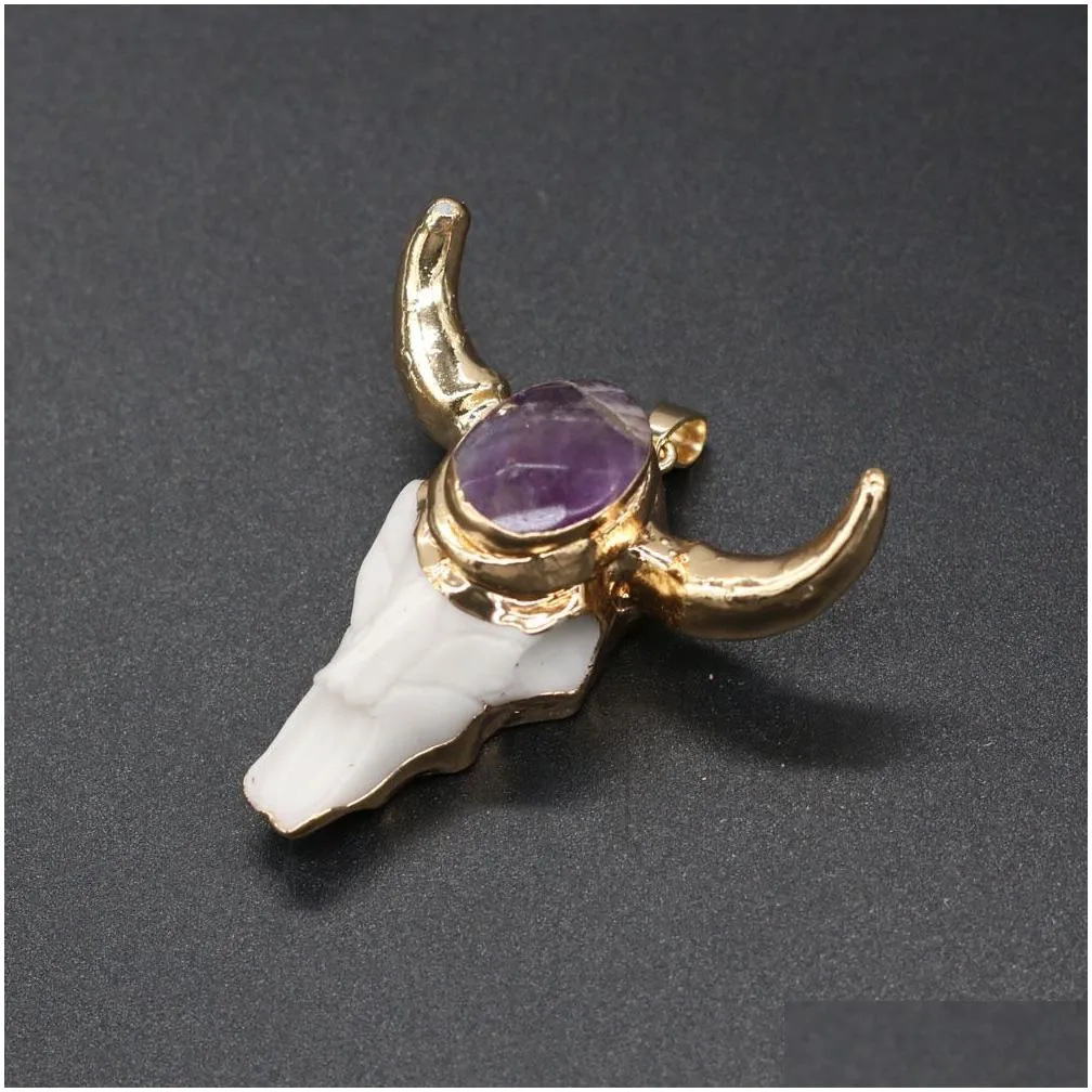 Gold OX Cow bones Head Shape Quartz Healing Reiki Stone Charms Crystal Pendant Finding for DIY Necklaces Women Fashion Jewelry 46x46mm