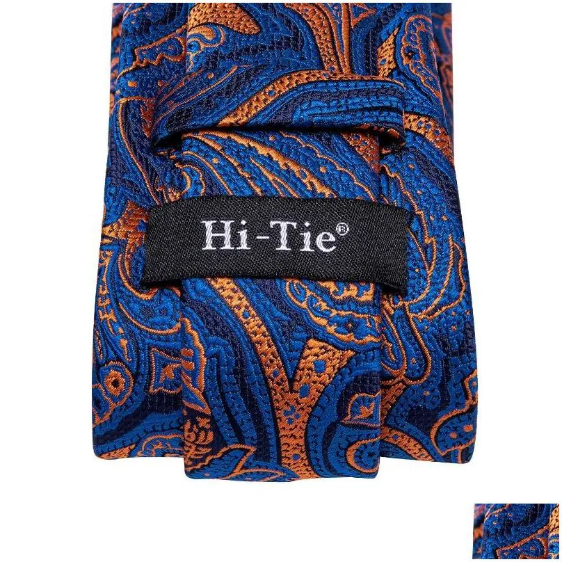 Bow Ties Hi-Tie Blue Orange Paisley Silk Wedding Tie For Men Handky Cufflink Set Fashion Designer Gift Necktie Business Party