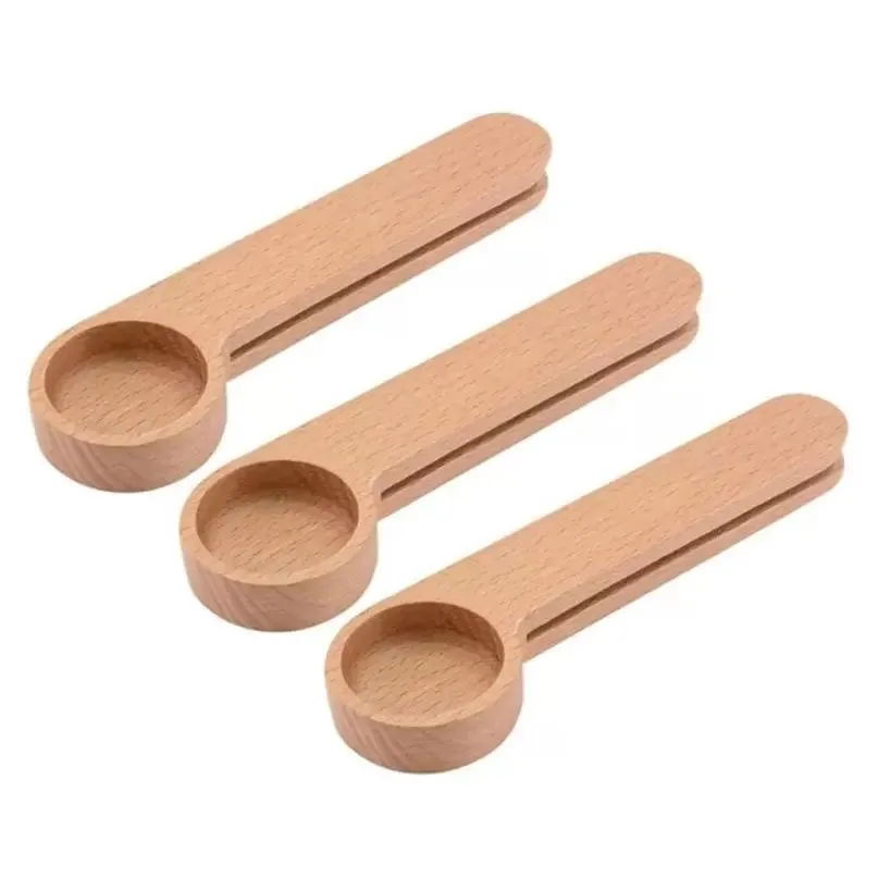 Wholesale Wooden Coffee Scoop With Clip Tablespoon Solid Beech Wood Measuring Tea Bean Measuring Spoons Clips Gift