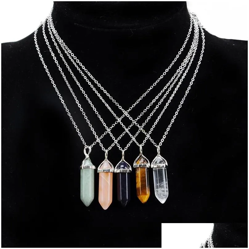 Hexagonal Pointed Reiki Natural Stones pendant Turquoise Pink Quartz Pillar Charms Necklace for Women Men Gift Accessories MKI