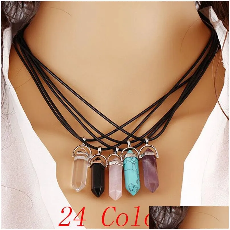 Necklace Jewelry Cheap Healing Crystals Amethyst Rose Quartz Bead Chakra Healing Point Women Men Natural Stone Pendants Leather