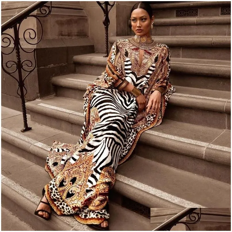 ethnic clothing african dresses for women plus size zebra printed dashiki elegant ladies gown muslim abaya kaftan bat sleeve v-neck