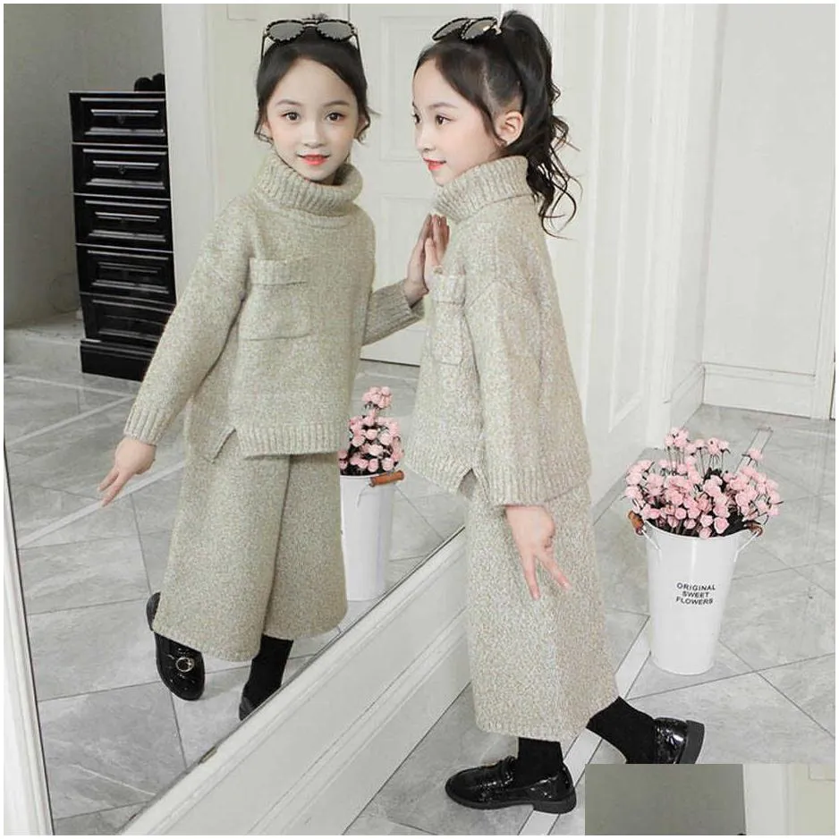 teenage children clothes sweater add pants costume for girls thick warm girl knitted set autumn winter kids clothing 210528