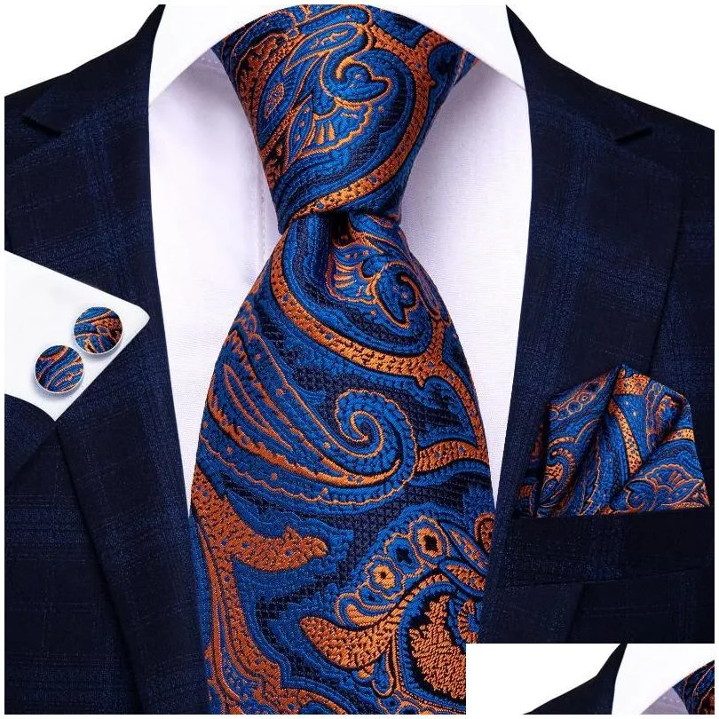 Bow Ties Hi-Tie Blue Orange Paisley Silk Wedding Tie For Men Handky Cufflink Set Fashion Designer Gift Necktie Business Party