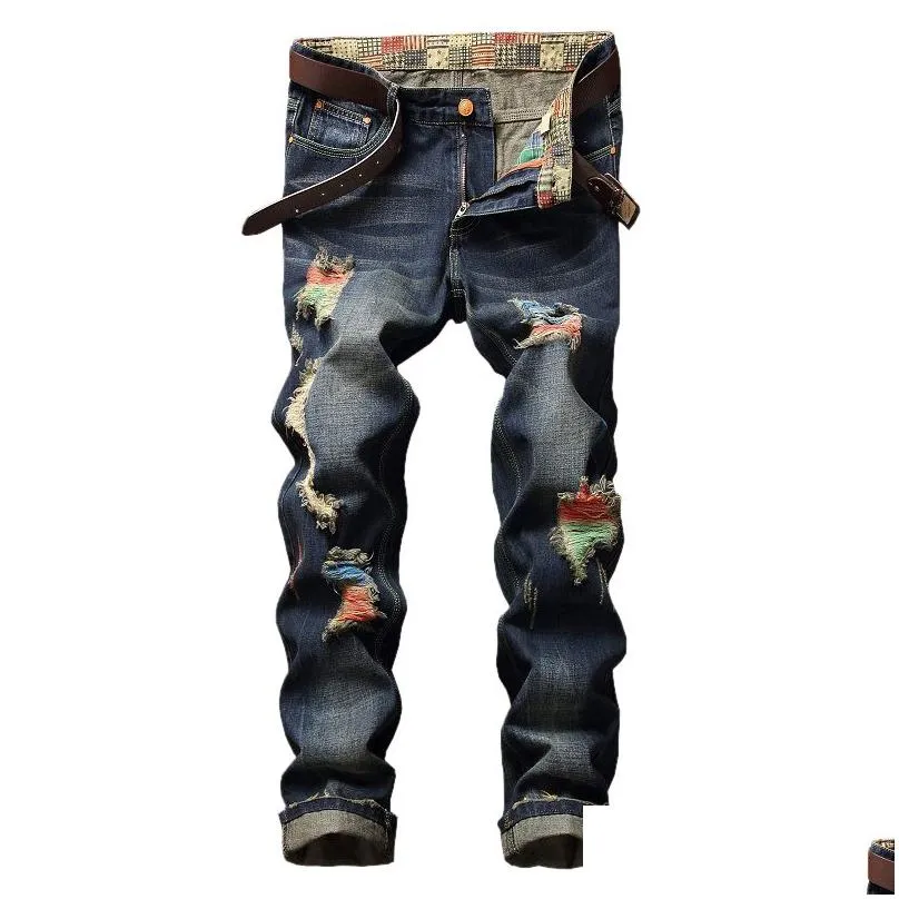 Laamei Men Fashion Jeans Pattern Worn Denim Straight Midweight Jeans Hole High Street Trousers Plus Size Pants 2018 Newest