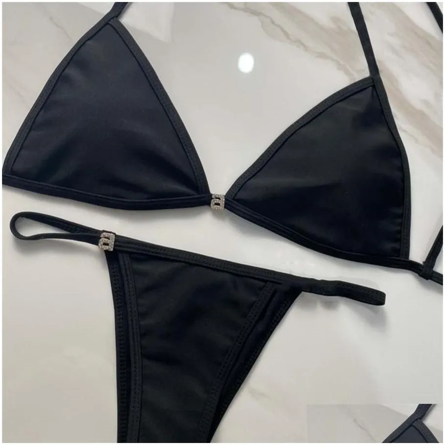 trendy metal chain bikini set solid black color letter swimwears summer beachwear with tags for ladies gift