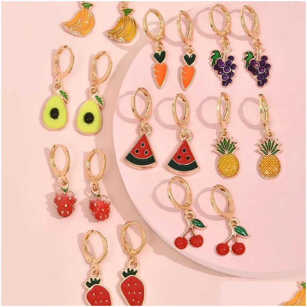 Creative Women`s Strawberry Grape Cherry Enamel Small Buckle Earring for Women Cartoon Fruit Circle Hanging Earring Cute Jewelry