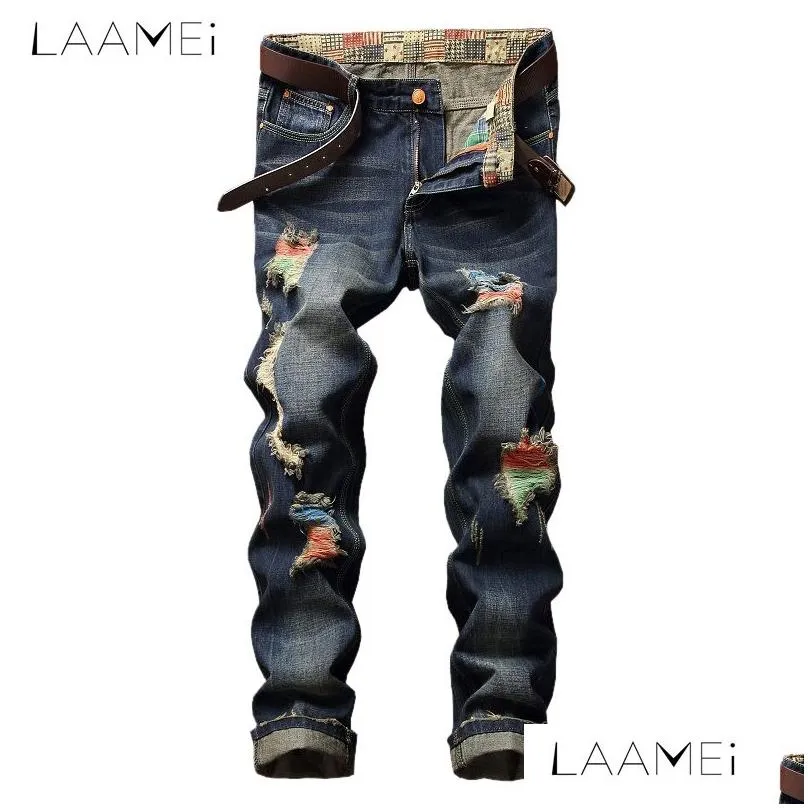 Laamei Men Fashion Jeans Pattern Worn Denim Straight Midweight Jeans Hole High Street Trousers Plus Size Pants 2018 Newest