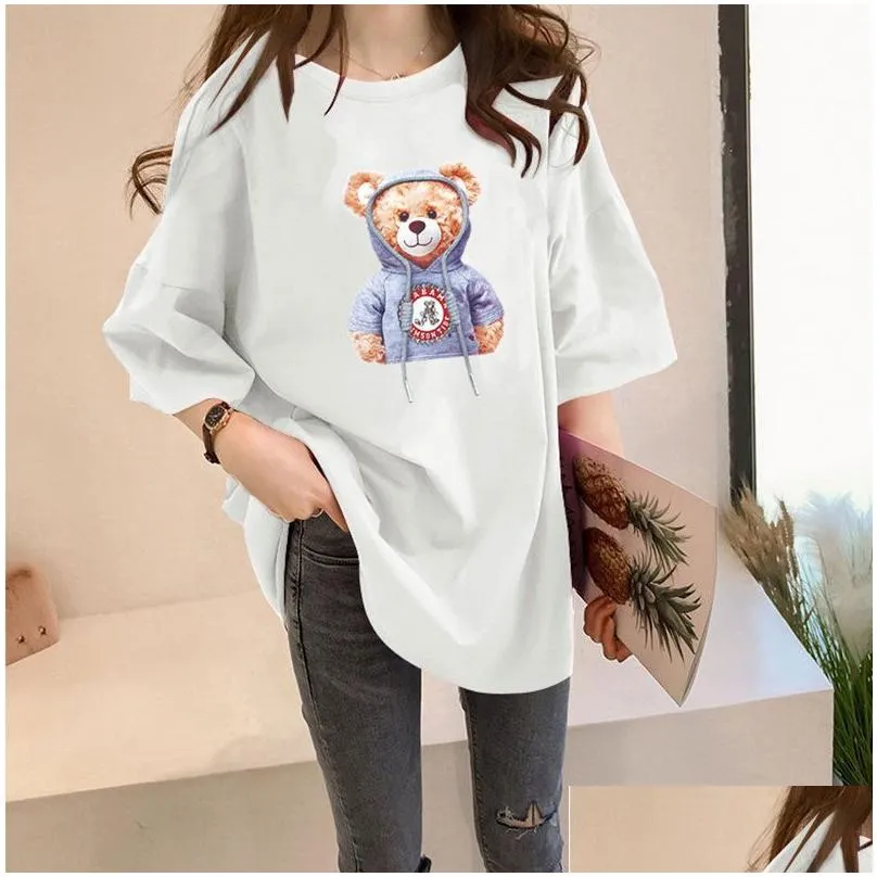 Fashion Designer Women`s T-shirt Summer New Korean Loose Fit Women`s Cartoon Slouchy Little Bear Print Student Short Sleeve T-shirt Mens T
