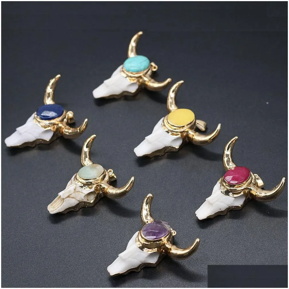 Gold OX Cow bones Head Shape Quartz Healing Reiki Stone Charms Crystal Pendant Finding for DIY Necklaces Women Fashion Jewelry 46x46mm