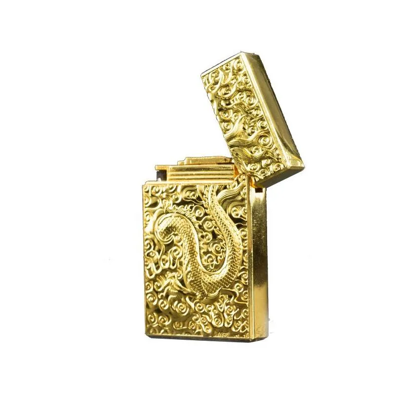 Dragon Gas Butane Refillable Lighter Grinding  Flint Lighter Metal Emboss PING Bright Sound Cigarette Cigar Lighter Inflated