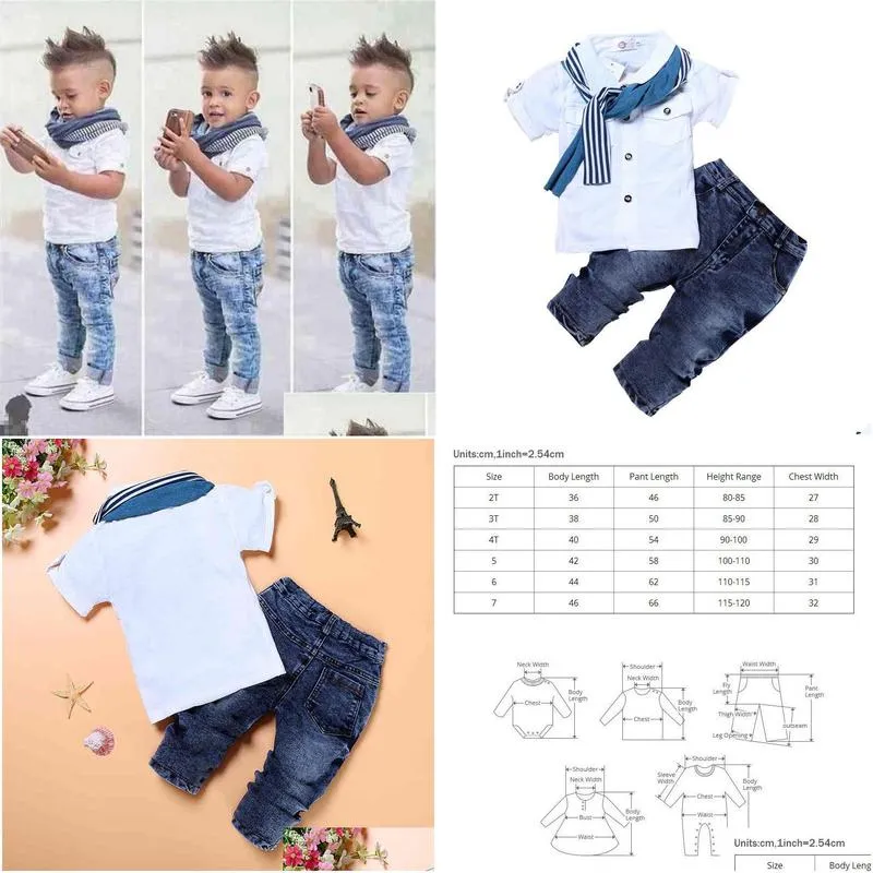 2-7 years kids clothes boys outfit summer childrens clothing boy sets cotton short sleeve o-neck topsaddjeansaddscarf baby costume 210326
