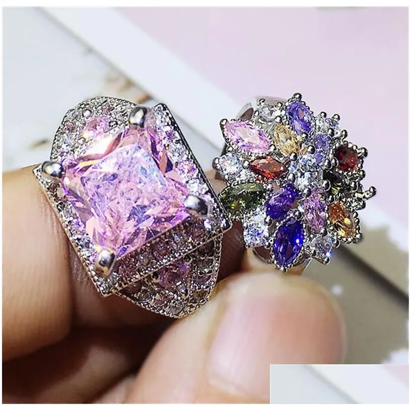 925 Silver-Plated Rings Super Flash Gemstone Micro-Inlaid Zircon Men Women Ring Color Zirconium Fashion Exaggerated Mixed Batch